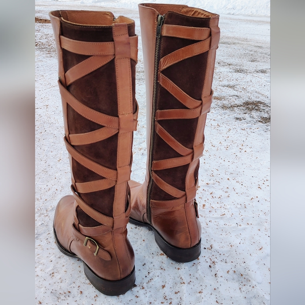 Frye Jordan Leather And Suede Cross Strap Riding Boots - Picture 15 of 16